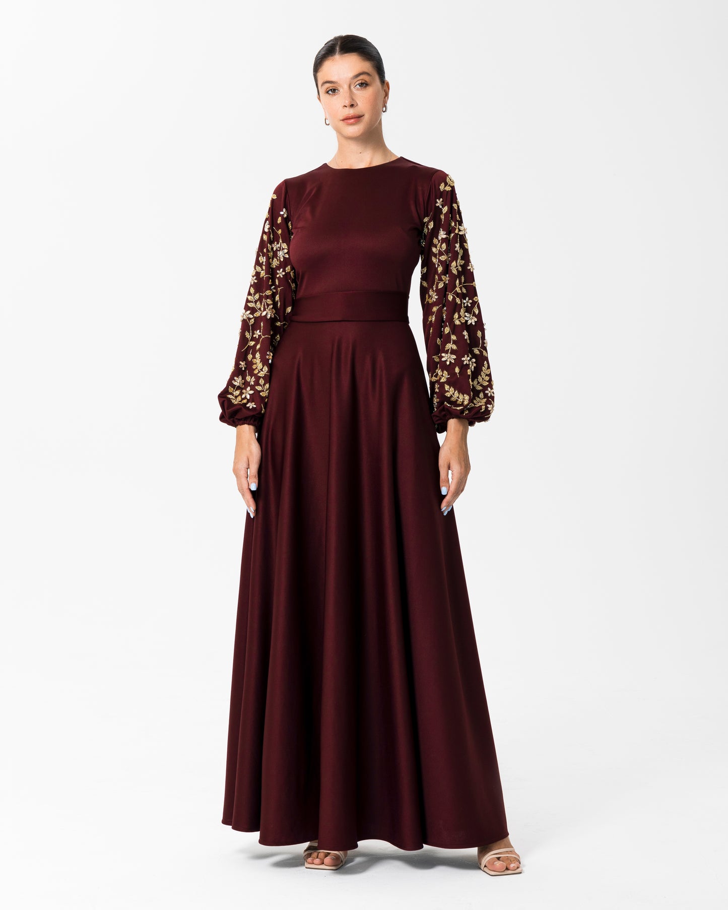 Aaira Sequined Bishop sleeve dress Maroon