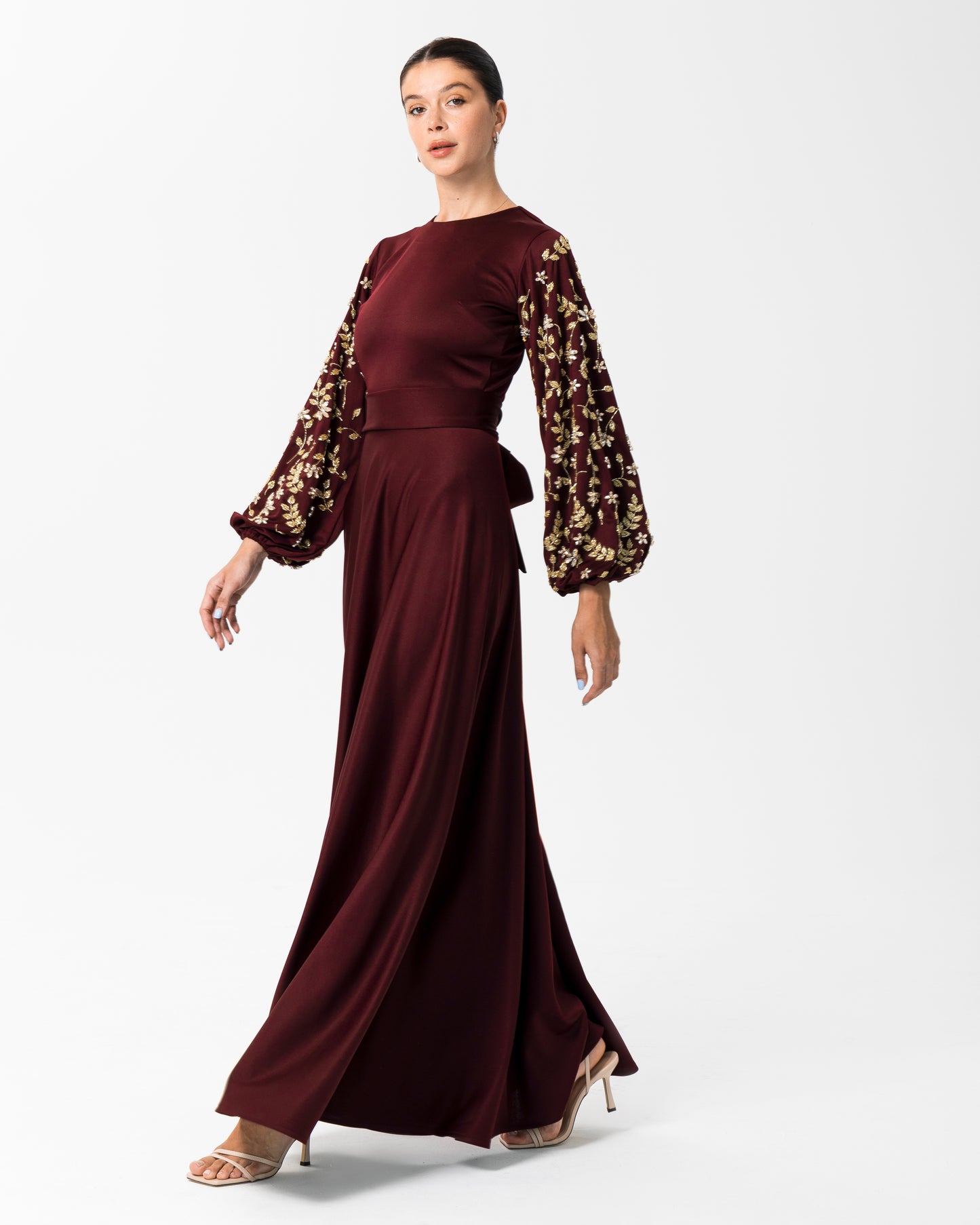 Aaira Sequined Bishop sleeve dress Maroon