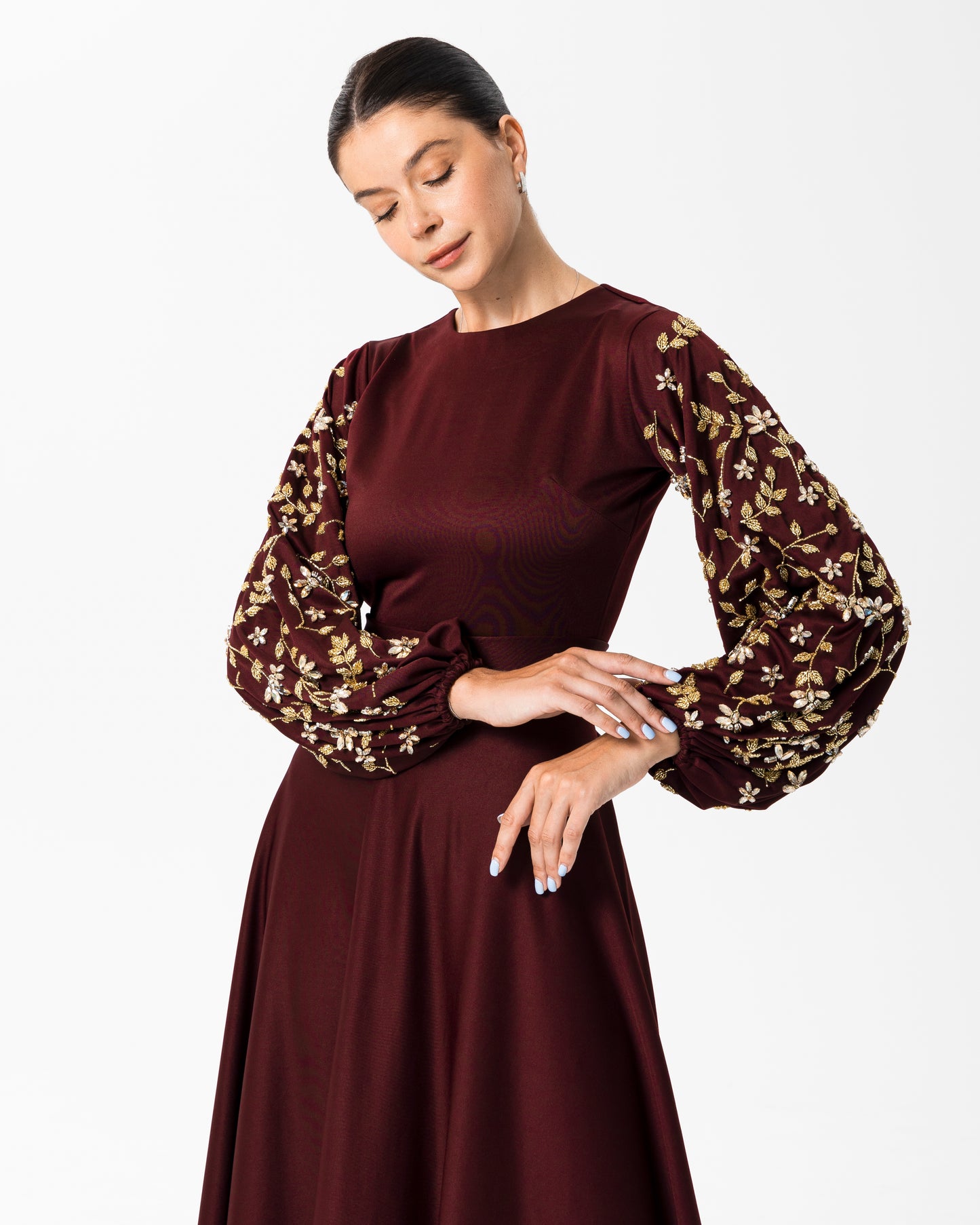 Aaira Sequined Bishop sleeve dress Maroon