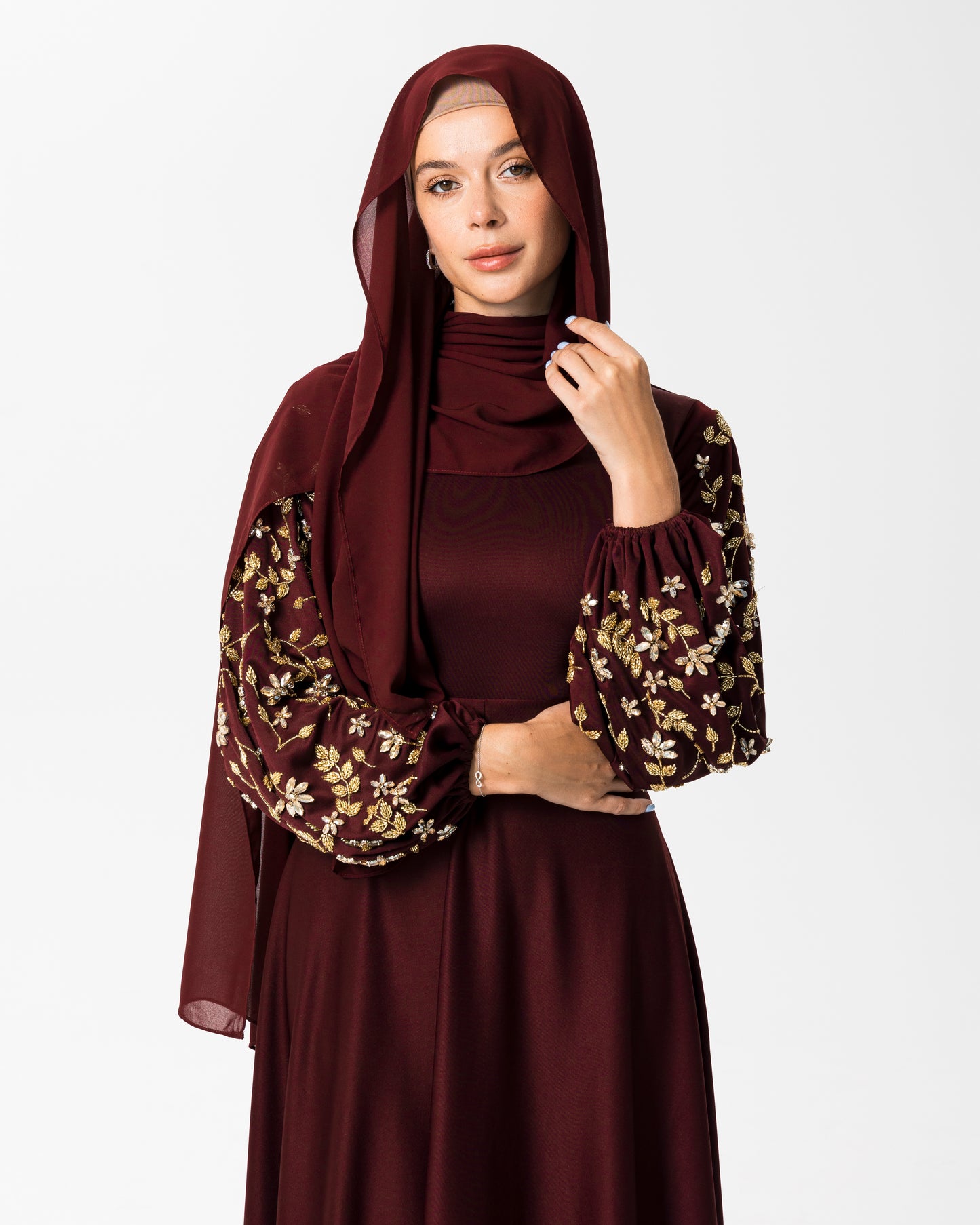 Aaira Sequined Bishop sleeve dress Maroon