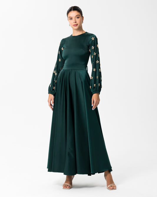 Zariah Sequined Bishop sleeve dress Emerald Green