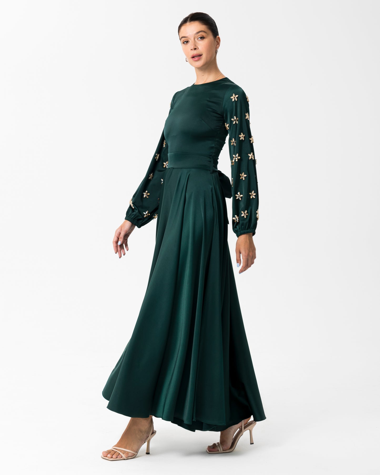 Zariah Sequined Bishop sleeve dress Emerald Green