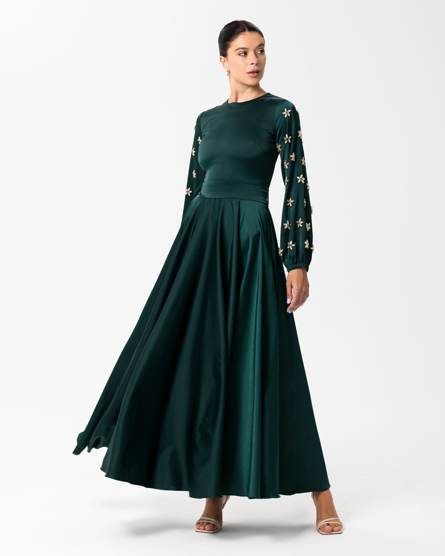 Zariah Sequined Bishop sleeve dress Emerald Green